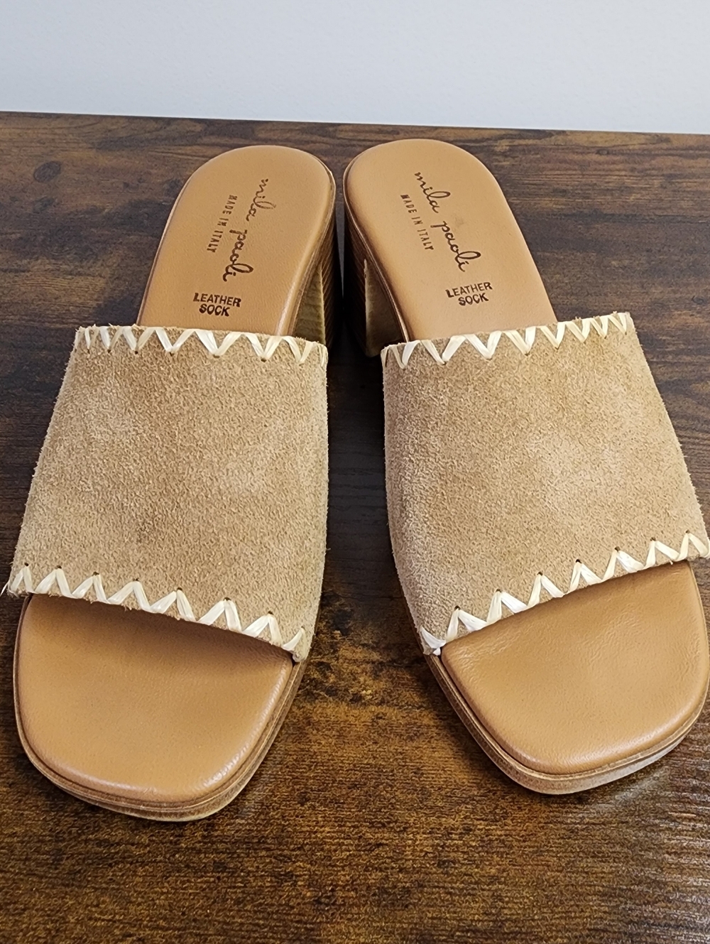 Mila Paoli Tan Leather Suede Stitched Slide Block Heel Sz7.5 Casual Euro Summer
